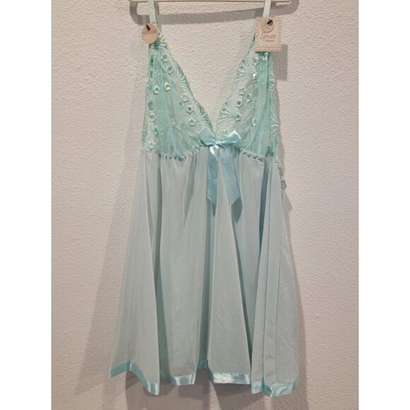 NWT Spree Aqua Teal Babydoll Lingerie w/ Embroidered Top & Bow, Size XL - Picture 2 of 7